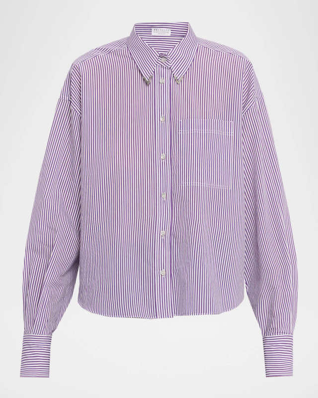 Techno Cotton Button-Front Top with Brass Trim